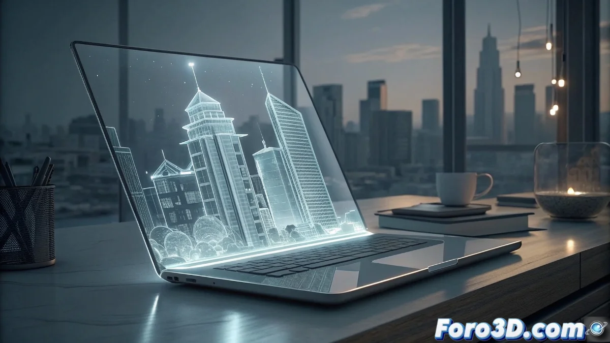 Prototipo Lenovo ThinkBook con pantalla transparente mostrando gráficos superpuestos sobre un entorno de oficina real