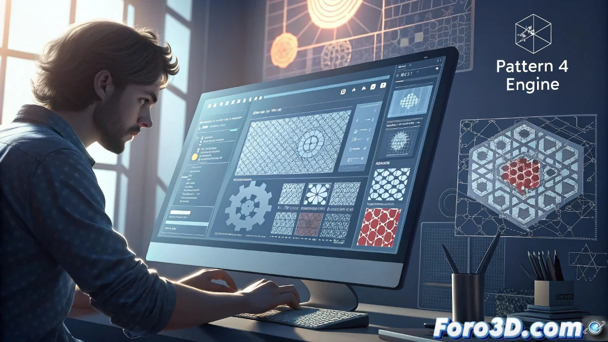 Interfaz de Pattern Engine mostrando diversos patrones generados automaticamente en 3ds Max con controles de personalizacion visibles.
