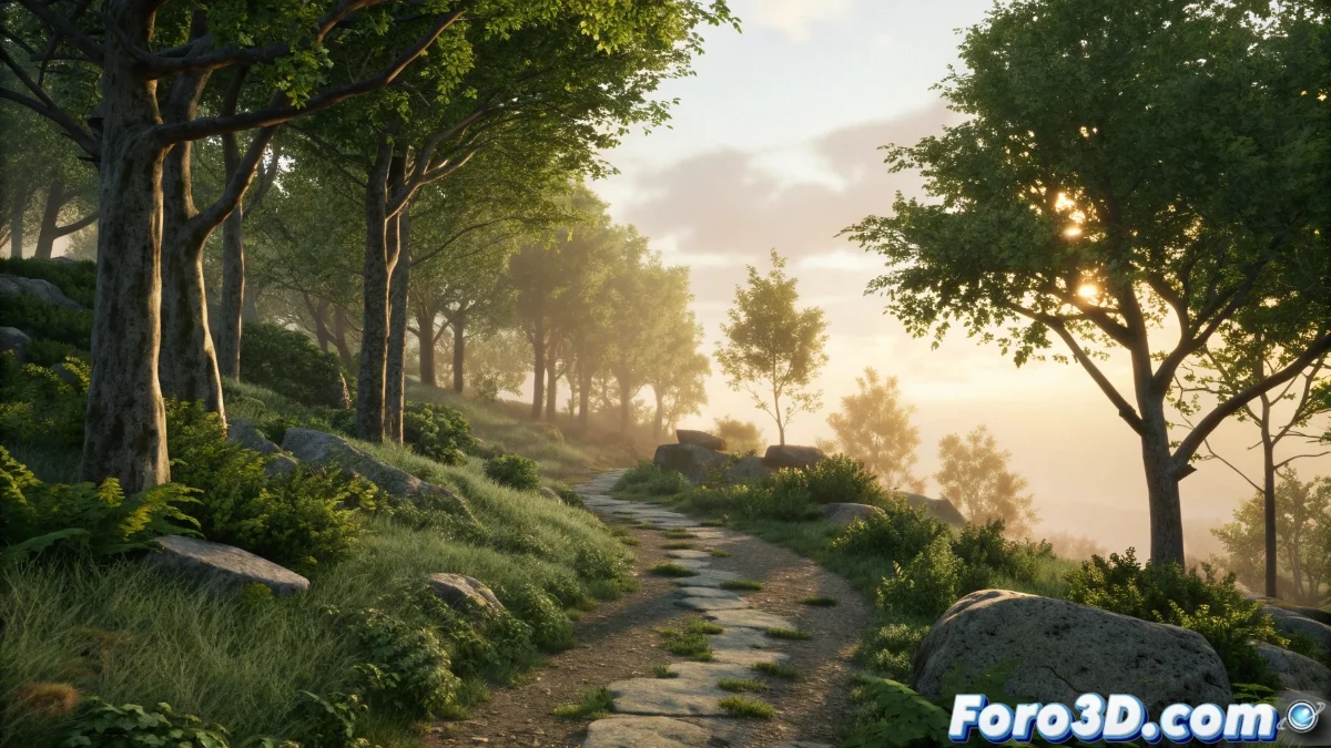 Vista de un entorno 3D en Unreal Engine mostrando una carretera con árboles y farolas distribuidos proceduralmente a lo largo de un spline usando el PCG Spline Modifier.