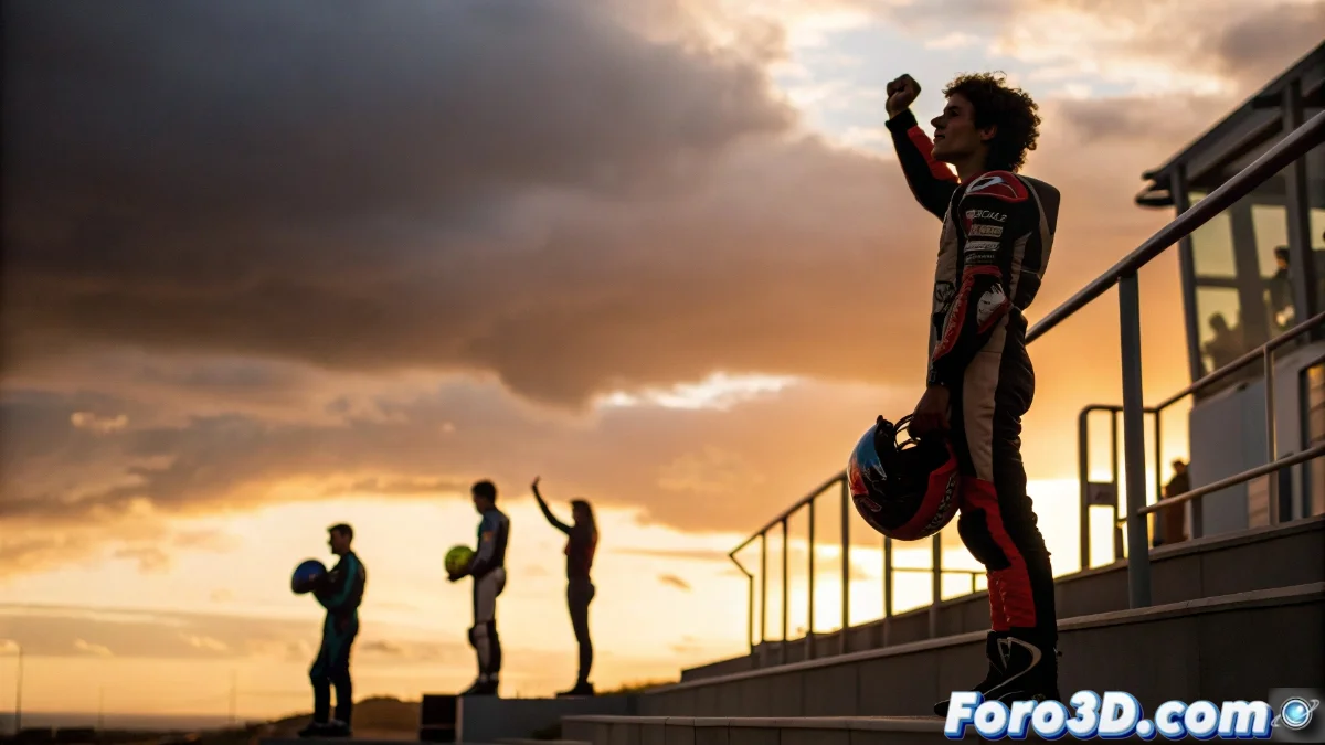 Pedro Acosta en el podio del Circuito Ricardo Tormo de Cheste celebrando su segundo puesto con gesto entre frustrado y humorístico