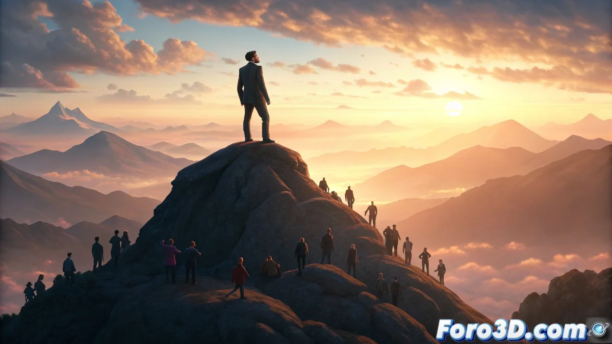 Retrato conceptual de un individuo analizando opciones en un entorno con múltiples influencias sociales, simbolizando la elección entre seguir la corriente o pensar de forma independiente.