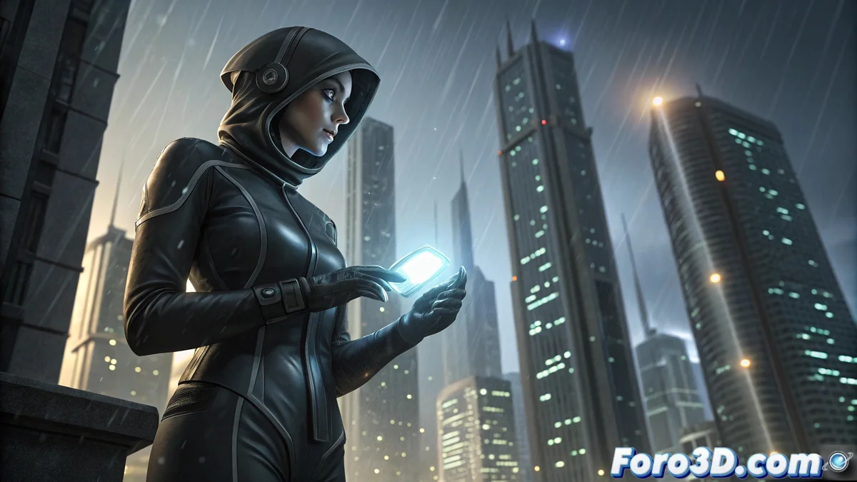 Joanna Dark en un entorno futurista iluminado dinámicamente, usando gadgets tecnológicos mientras se infiltra en una megacorporación distópica.