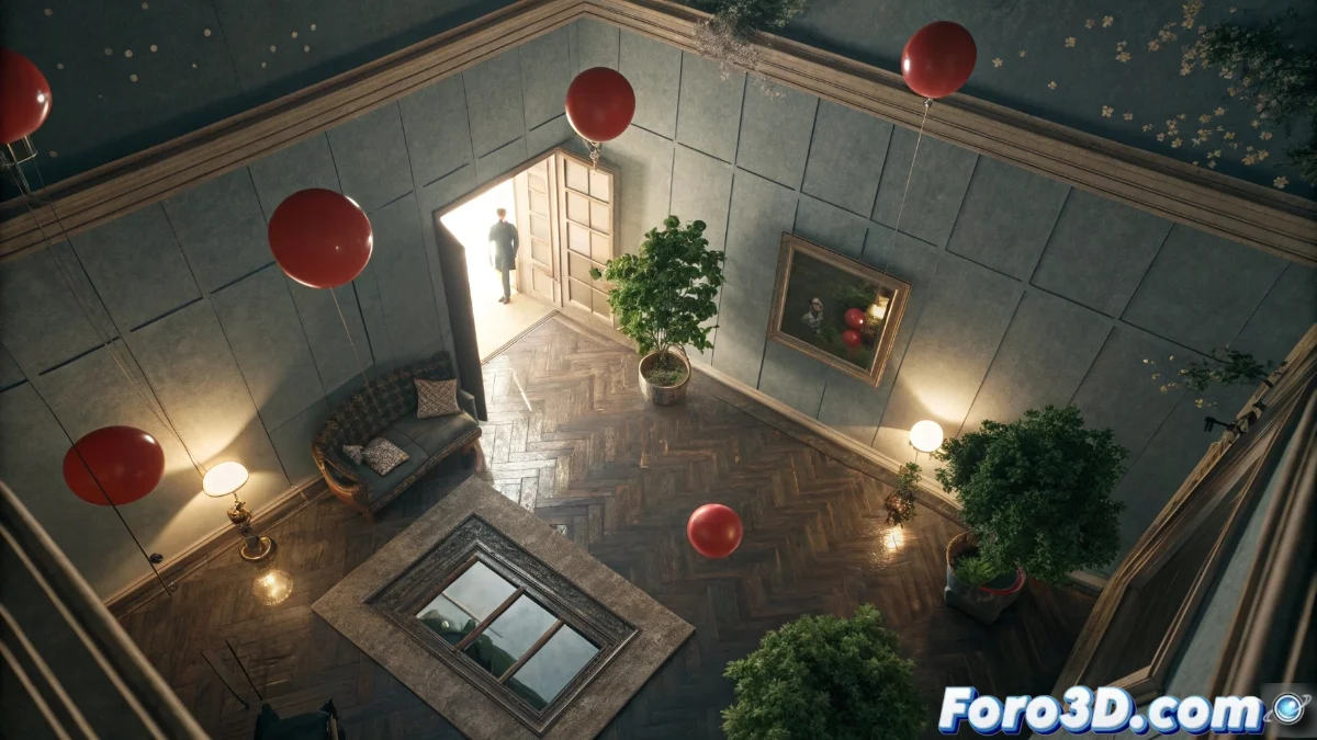 Composición 3D que muestra múltiples cámaras virtuales apuntando a diferentes ángulos de una escena surrealista con objetos flotantes y perspectivas distorsionadas