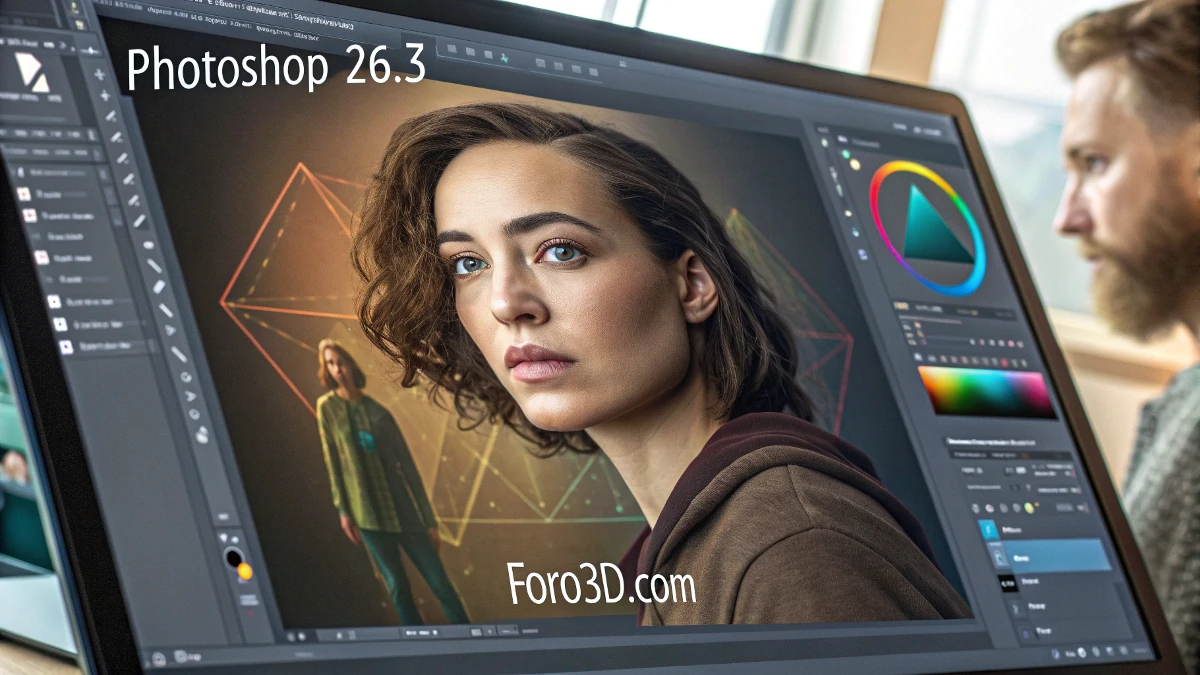 Lanzamiento de Photoshop 26.3 con la integración de IA generativa, que muestra cómo los usuarios ahora pueden generar imágenes dentro de diferentes formas, como elípticas, triangulares y personalizadas, todas con propiedades editables como color y estilo.