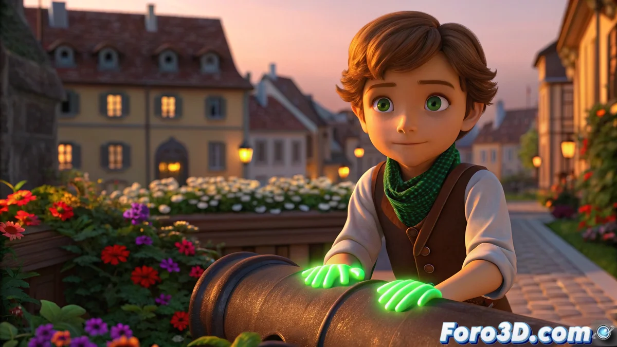 Concept art del personaje Tistou mostrando sus pulgares verdes haciendo brotar flores en un jardín fantástico con estilo de animación 3D contemporánea