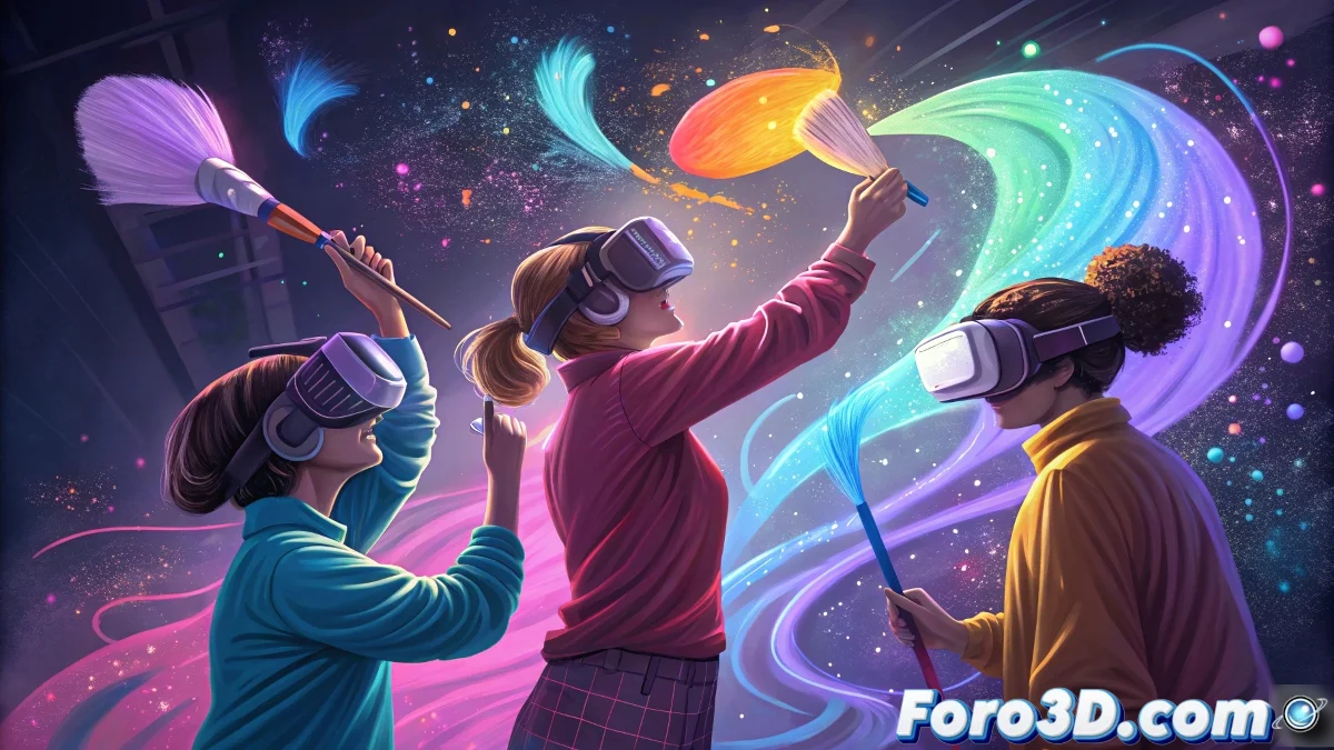 Artista usando Open Brush en realidad virtual con las nuevas funciones multijugador y herramientas de precisión.