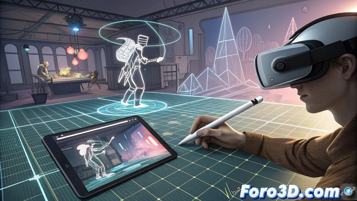 Artista usando Open Brush en realidad virtual con las nuevas funciones multijugador y herramientas de precisión.