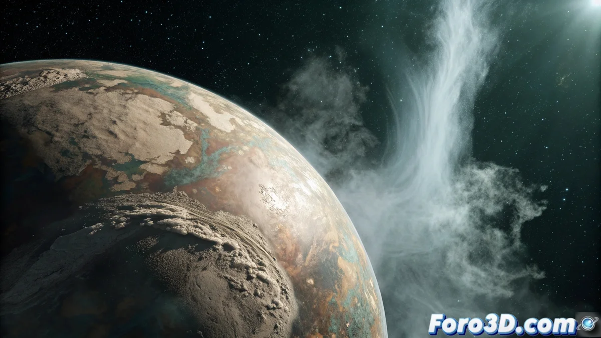 Representación artística de un planeta rocoso con actividad geológica interna generando vapor de agua que se condensa en su atmósfera, mostrando procesos químicos en su corteza
