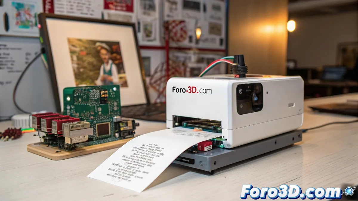 Poetry Camera en una mesa, mostrando su diseño minimalista con una impresora térmica y un chip Raspberry Pi, mientras imprime un poema generado por IA.