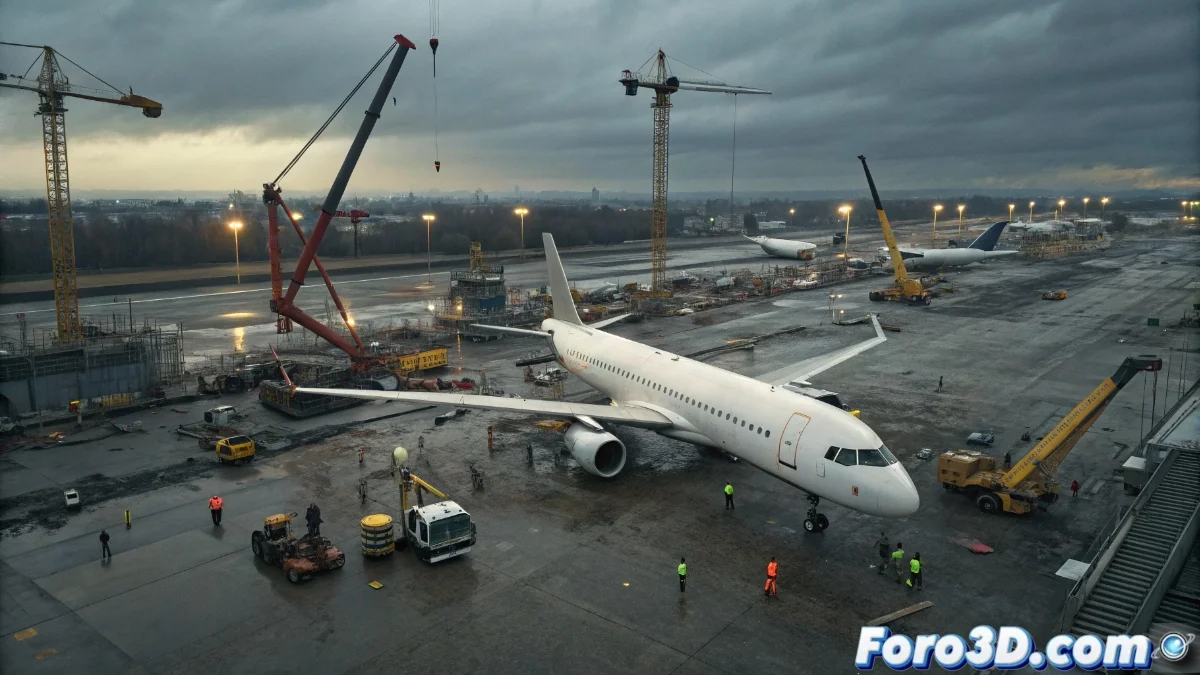 Hangar de Airbus con aviones comerciales siendo desmantelados por técnicos especializados, mostrando componentes como motores y sistemas de aviónica separados para su reutilización.