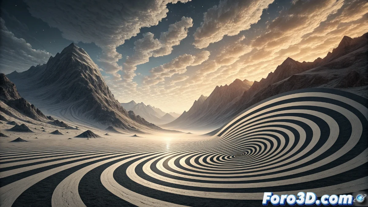 Composición abstracta de patrones geométricos que generan ilusión de movimiento y profundidad, con colores contrastantes que desafían la percepción visual normal