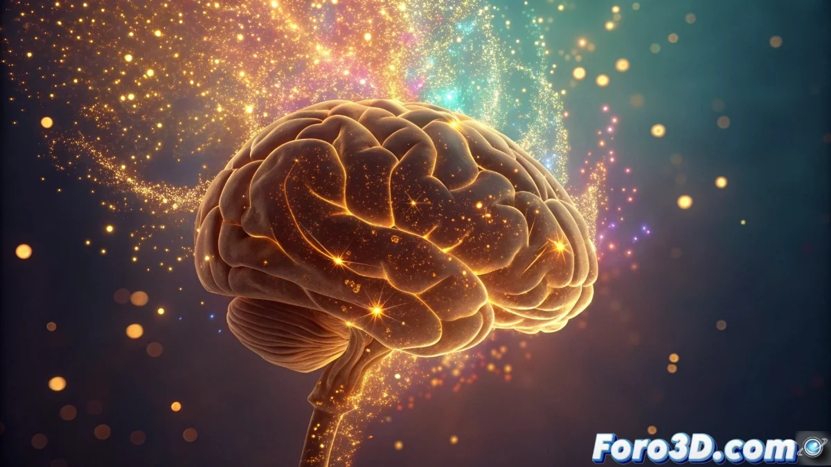 Ilustración científica del cerebro humano mostrando circuitos neuronales con destellos de colores representando la liberación de neurotransmisores en áreas como el núcleo accumbens y área tegmental ventral