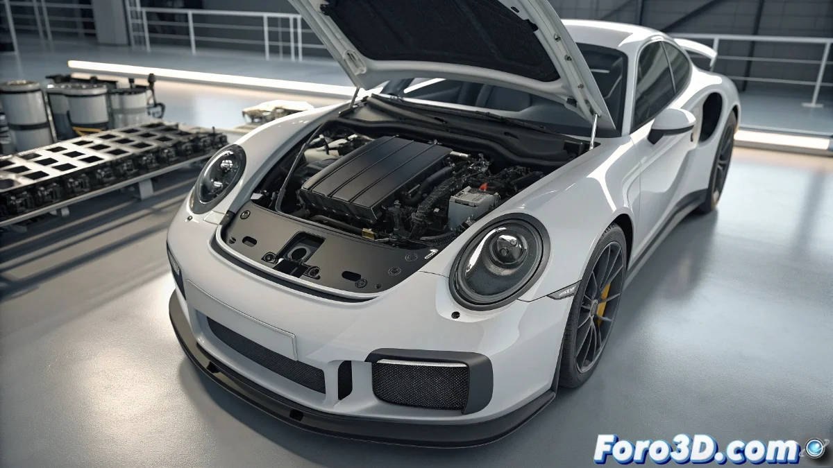 Motor Porsche 911 GT2 RS con componentes impresos en 3D destacados en color, mostrando el soporte de batería y pistones fabricados mediante manufactura aditiva