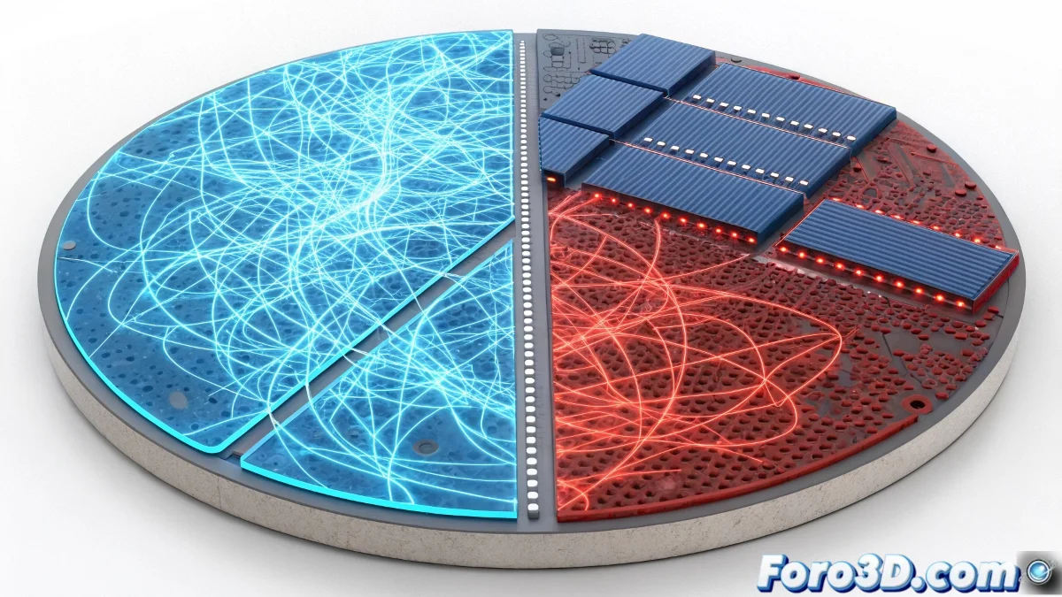 Diagrama comparativo mostrando distribución tradicional frontal de energía versus tecnología PowerVia con alimentación trasera en wafer de silicio.