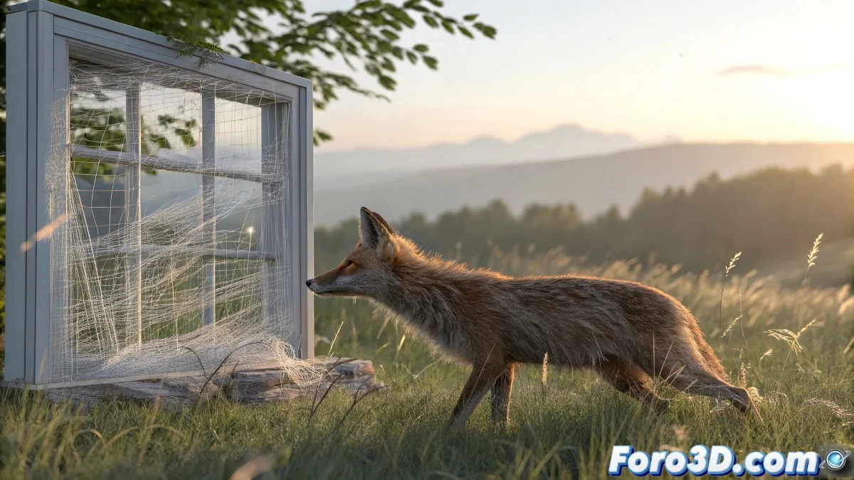 Render en Maya mostrando Fur Grass visible correctamente a través de material de ventana con configuración de ray tracing apropiada