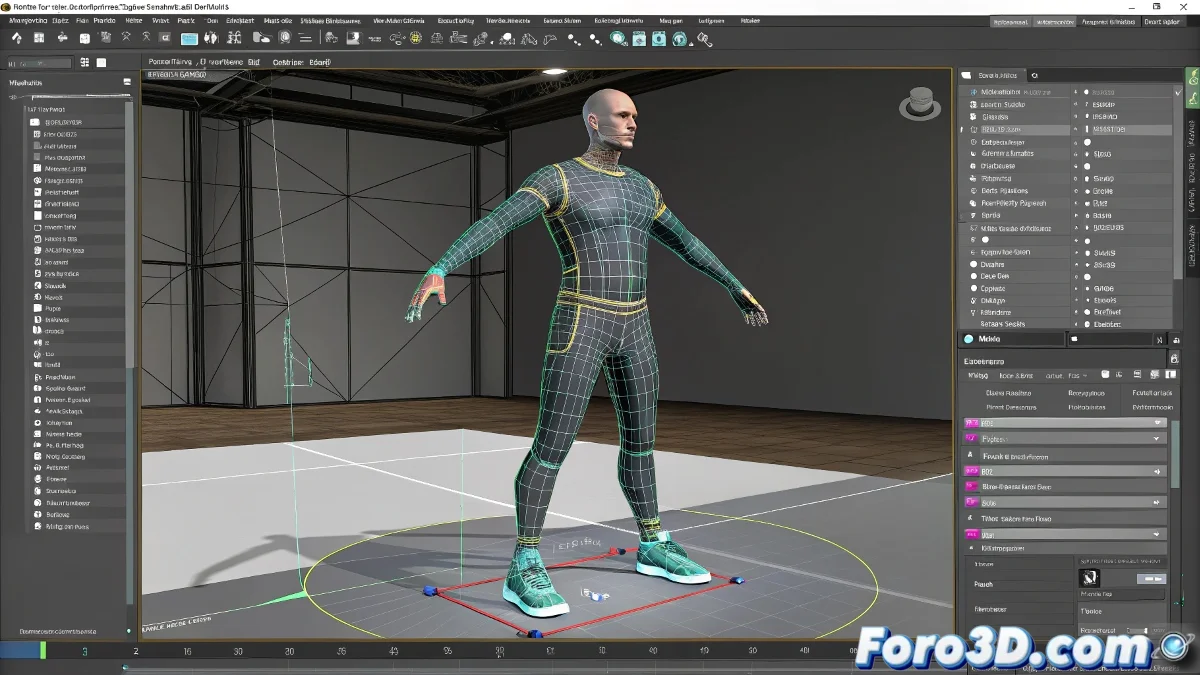 Editor de Physique en 3ds Max mostrando el ajuste de envelopes y pintura de pesos en la pierna de un personaje para corregir deformaciones.