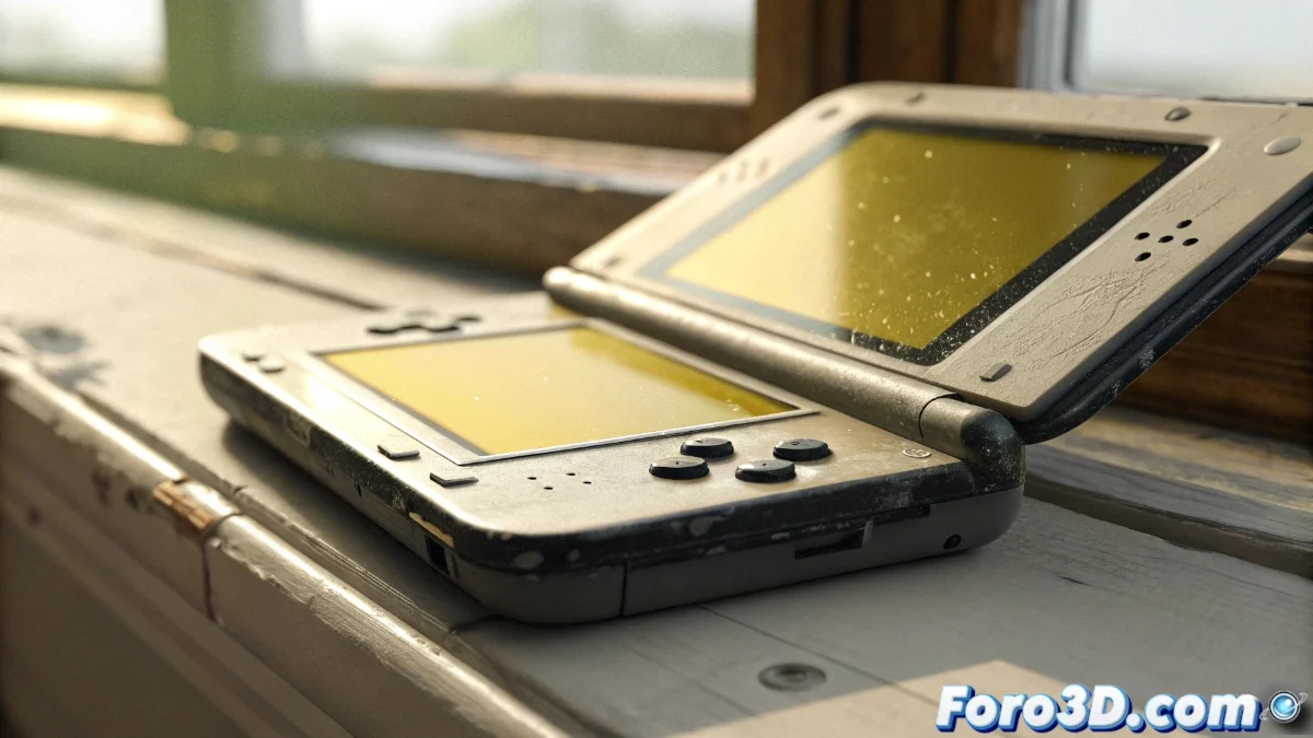 Consola Nintendo 3DS mostrando decoloración amarillenta en la pantalla superior y bisel despegado alrededor de los bordes, con herramientas de reparación al lado.