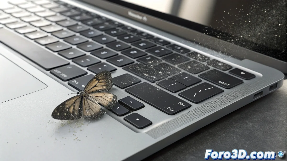 Comparativa visual entre teclado butterfly defectuoso con teclas pegadas y nuevo diseño mejorado con mecanismo más resistente