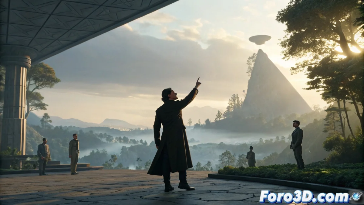 Diagrama tridimensional mostrando composición visual con capas superpuestas: primer plano con elementos detallados, plano medio con acción principal y fondo con contexto ambiental, ilustrando la jerarquía visual.