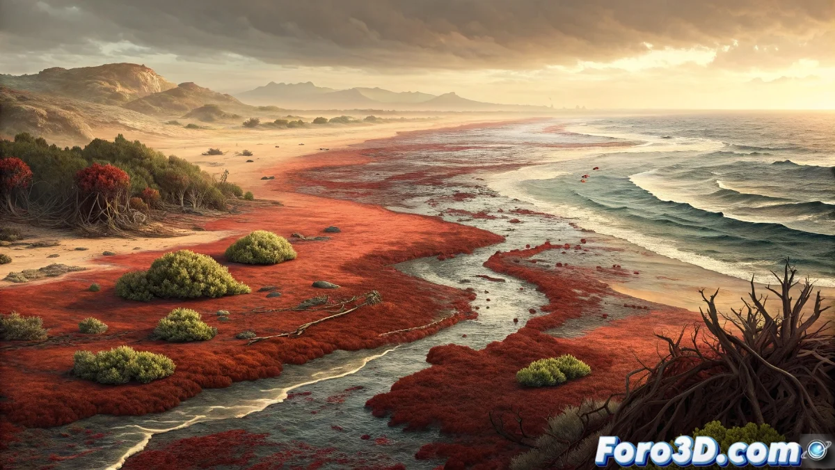 Floración algal tóxica de color rojizo cubriendo extensas áreas costeras con peces muertos en la orilla y aves marinas sobrevolando la zona afectada