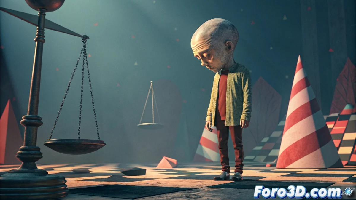 Ilustración que muestra un personaje con cabeza desproporcionadamente grande junto a elementos gráficos distorsionados, contrastando con una composición armónica y realista en el fondo.