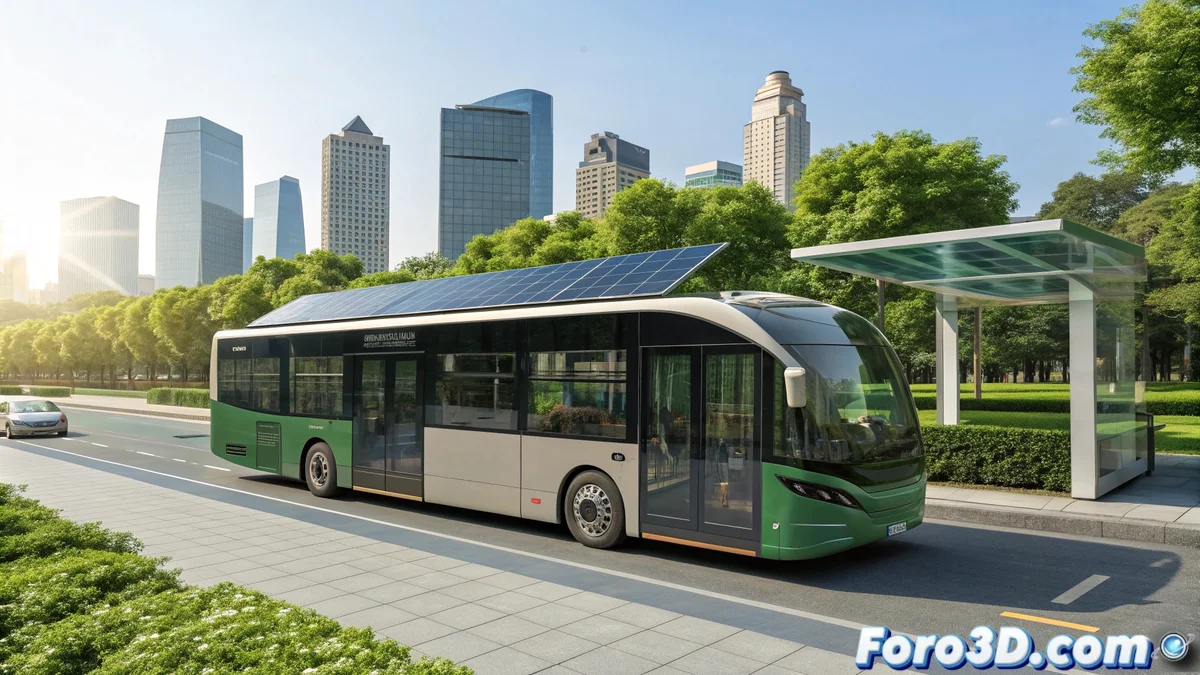 Prototipo de autobús urbano con paneles solares en el techo, mostrando diseño moderno y capacidad para 50 pasajeros en entorno urbano.