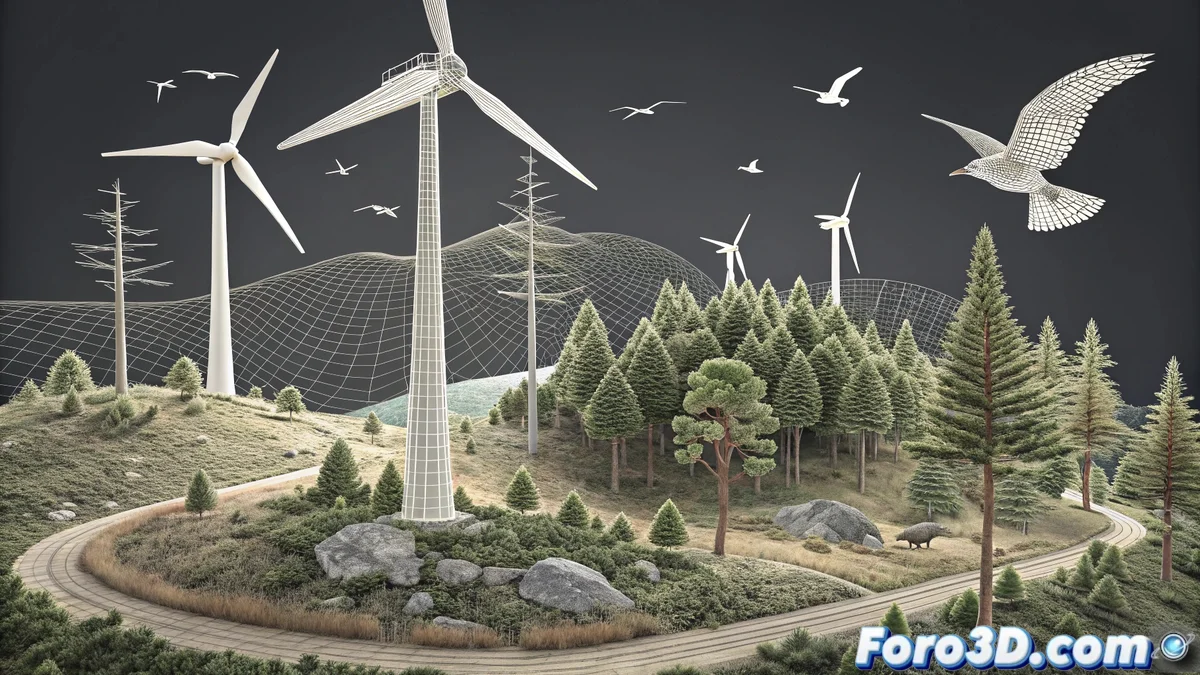 Animación 3D en MotionBuilder que muestra aerogeneradores de 112 metros en terreno montañoso cántabro, con superposición de zonas protegidas y trayectorias de vuelo de aves afectadas por las turbinas.