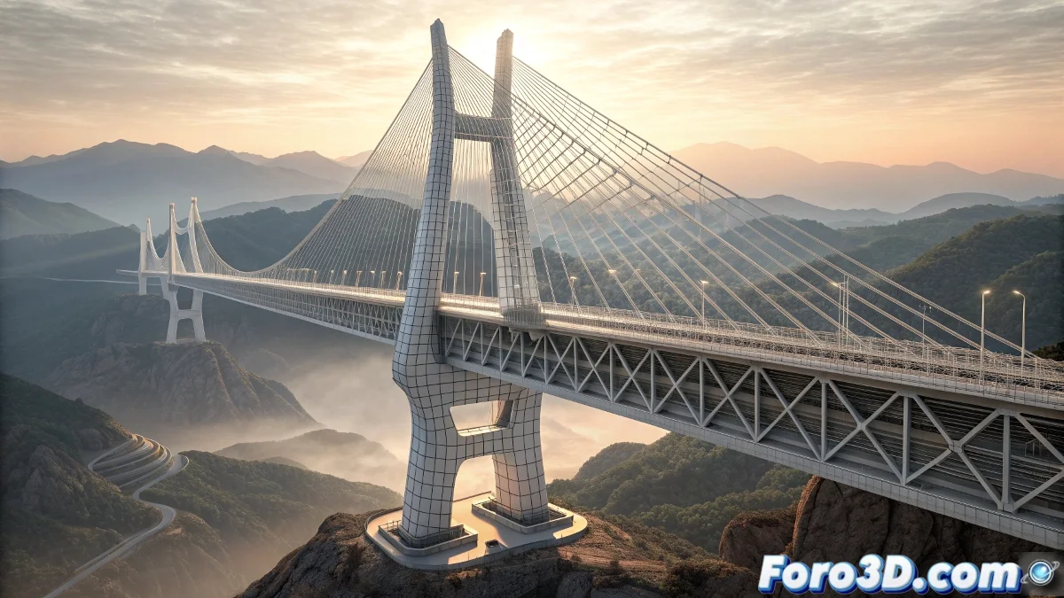 Secuencia de video en Adobe Premiere mostrando el puente chino con gráficos animados de especificaciones técnicas y efectos de cámara lenta que destacan su escala monumental