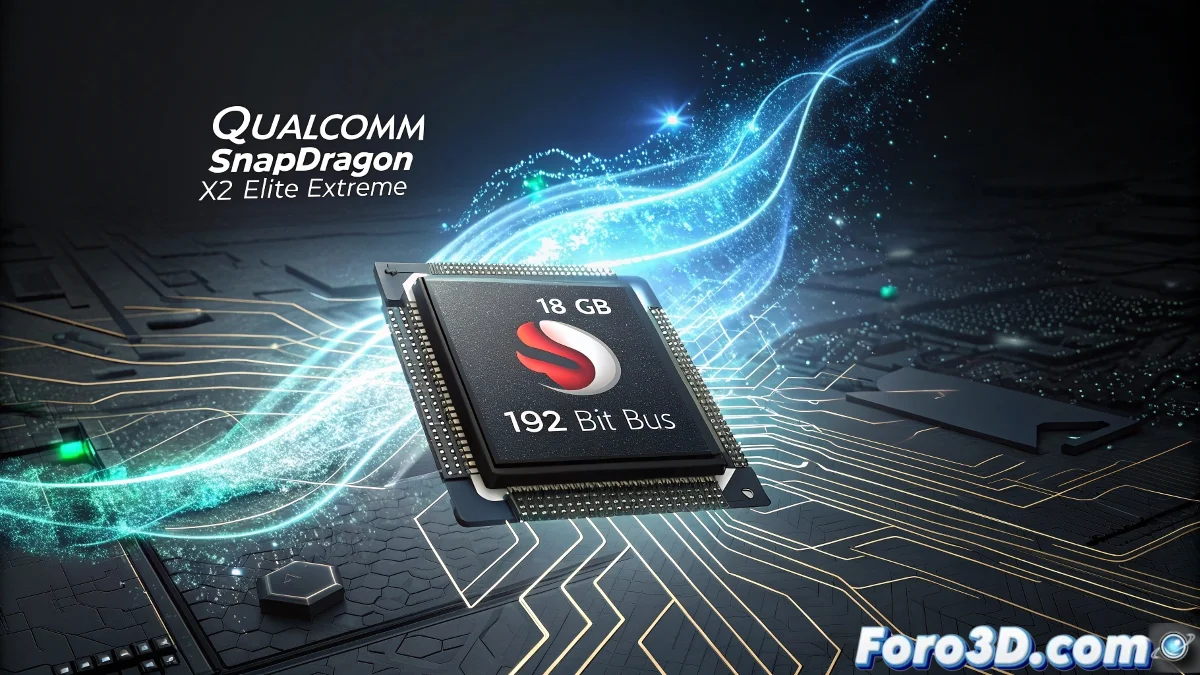 Procesador Qualcomm Snapdragon X2 Elite Extreme sobre placa base con diagrama técnico mostrando sus 18 núcleos y arquitectura de memoria integrada.