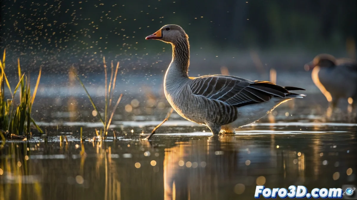 Ilustración médica que muestra la estructura del virus de la influenza aviar con partículas virales rodeadas de aves migratorias y granjas avícolas en el fondo