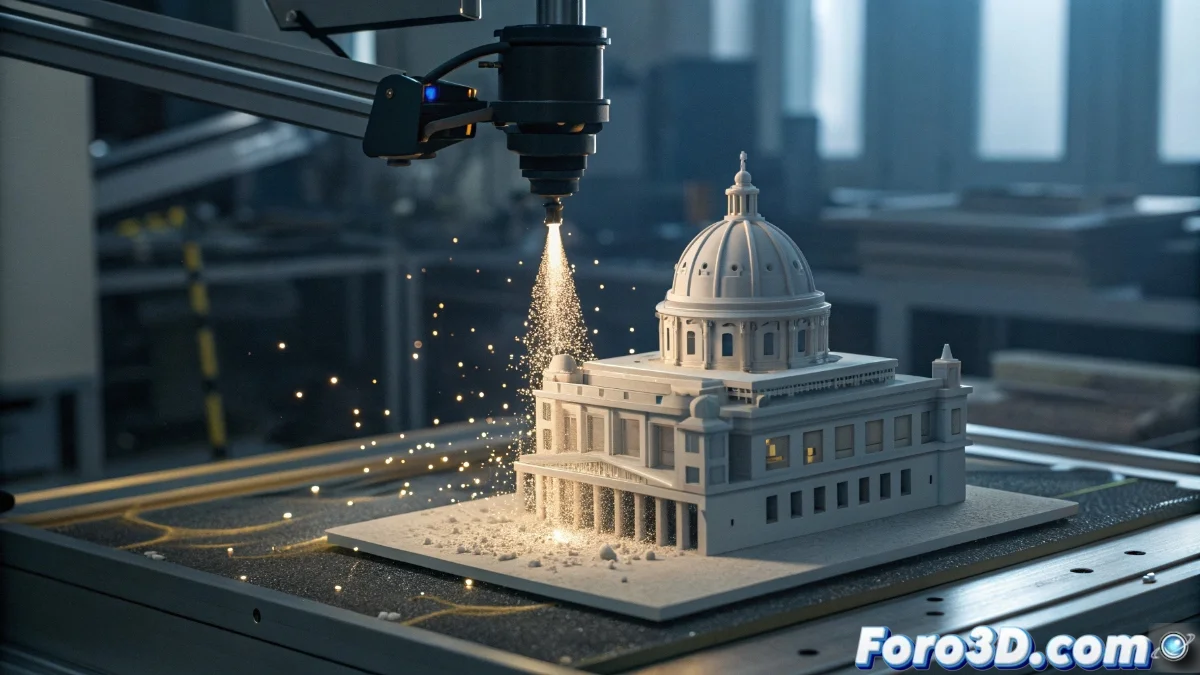 Diagrama que muestra el proceso de escaneo LiDAR de una estatua antigua, generando una nube de puntos 3D, seguido de la impresión 3D de una réplica detallada en material plástico.