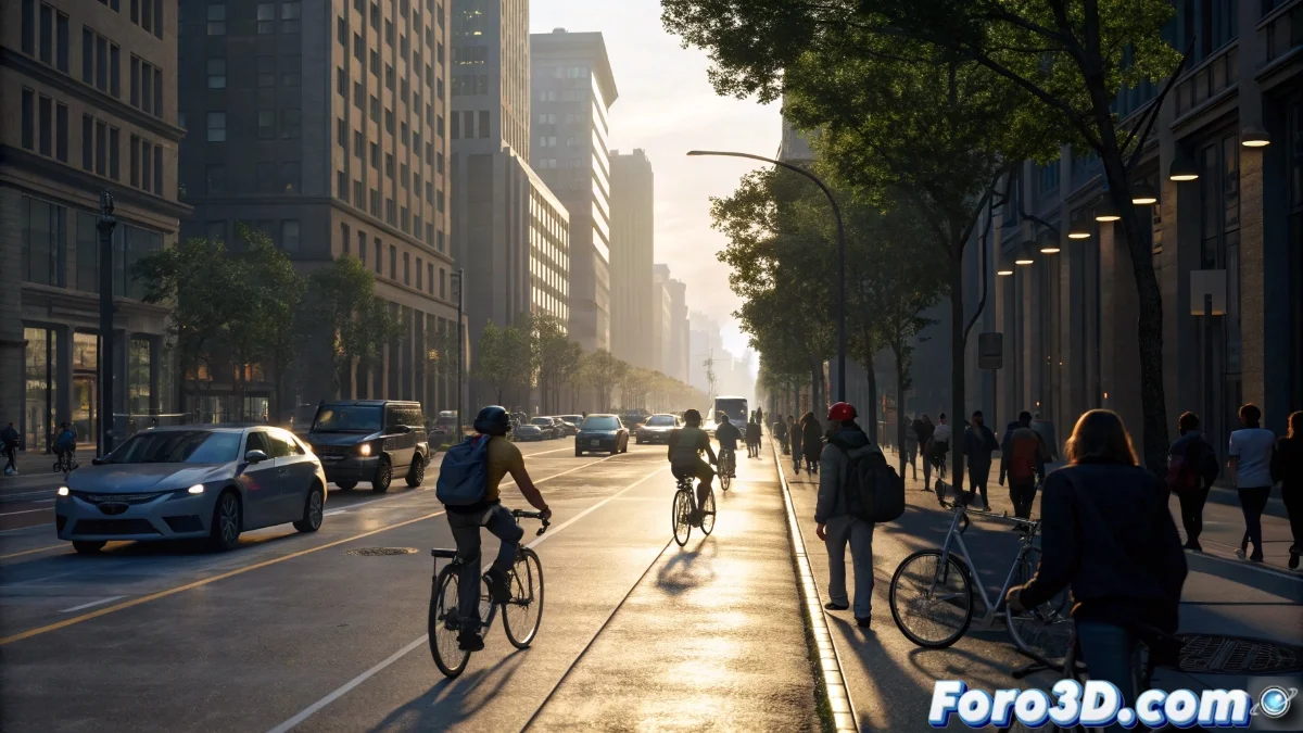 Ilustración vectorial que muestra una calle urbana con conflicto entre ciclistas, peatones y automóviles, donde se visualizan carriles bici que reducen espacio peatonal, con edificios y árboles de fondo