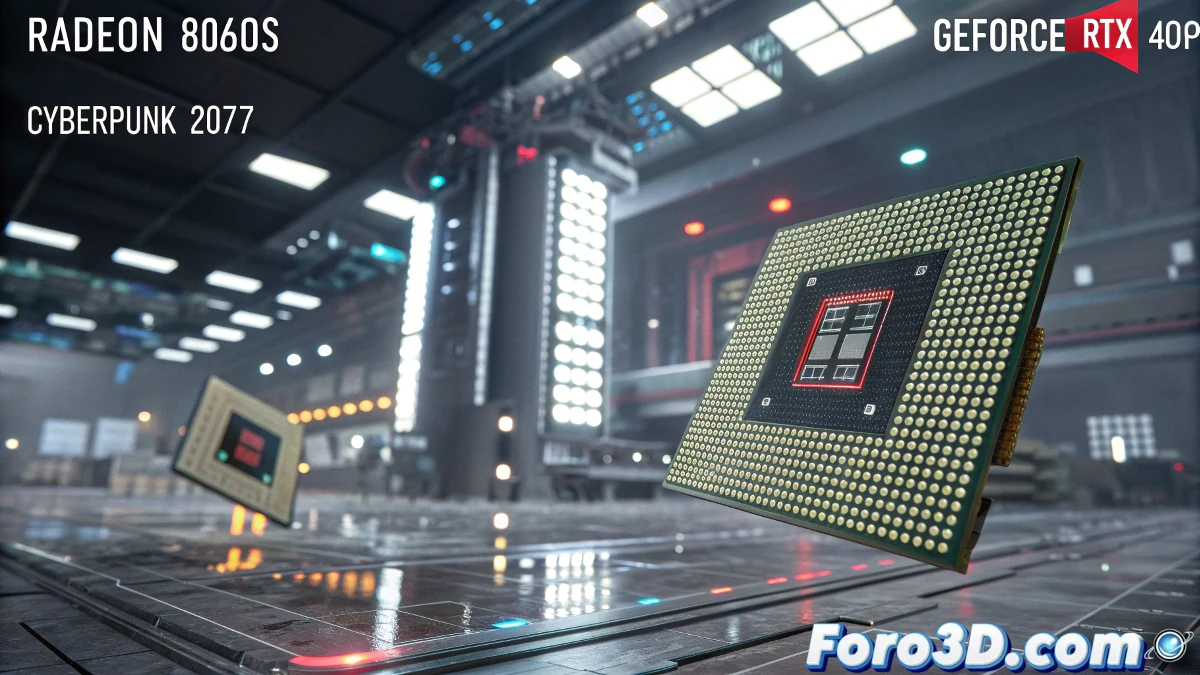 Representación visual de la Radeon 8060S en acción, mostrando su rendimiento superior en un juego exigente como Cyberpunk 2077. Un contraste entre la tarjeta gráfica integrada y la GeForce RTX 4070, con detalles de alta velocidad y gráficos en 1600p. Mostrar escenas de acción intensas con visuales futuristas.