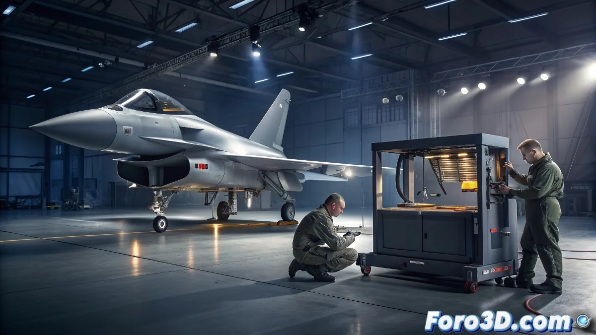 Técnicos de la RAF instalando un componente metálico impreso en 3D en el ala de un caza Eurofighter Typhoon en hangar.