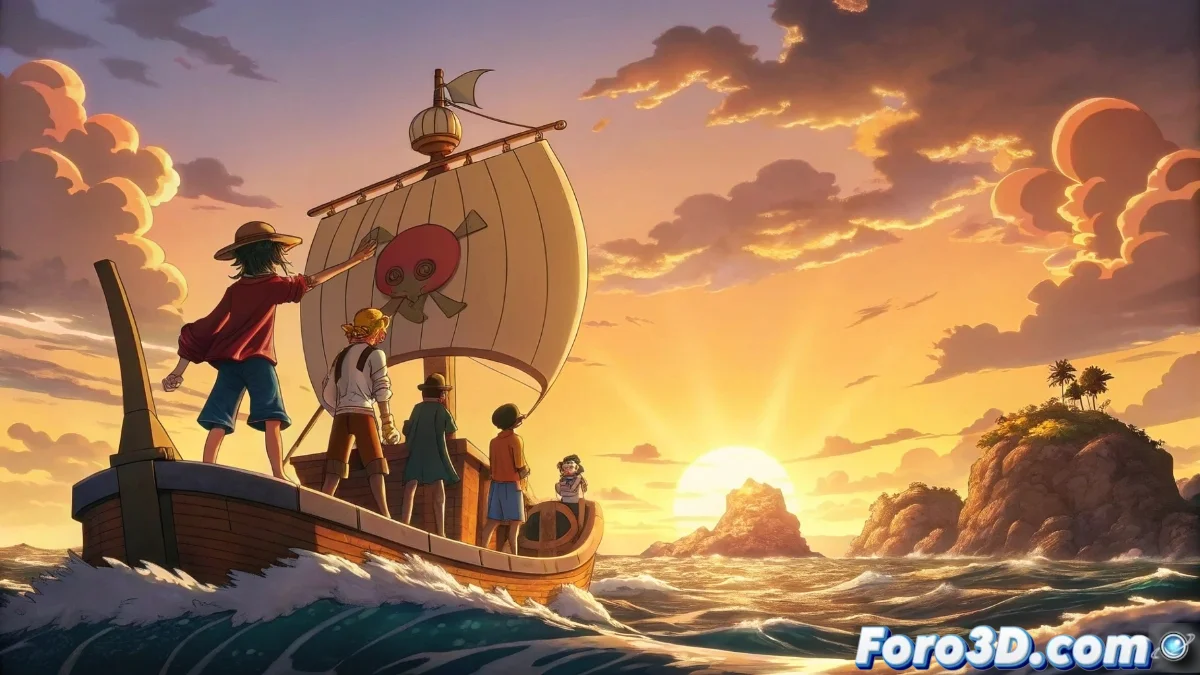 Collage con momentos emblemáticos de arcos de One Piece: Luffy frente a Arlong, batalla en Marineford, tripulación en Water 7 y escena culminante en Wano