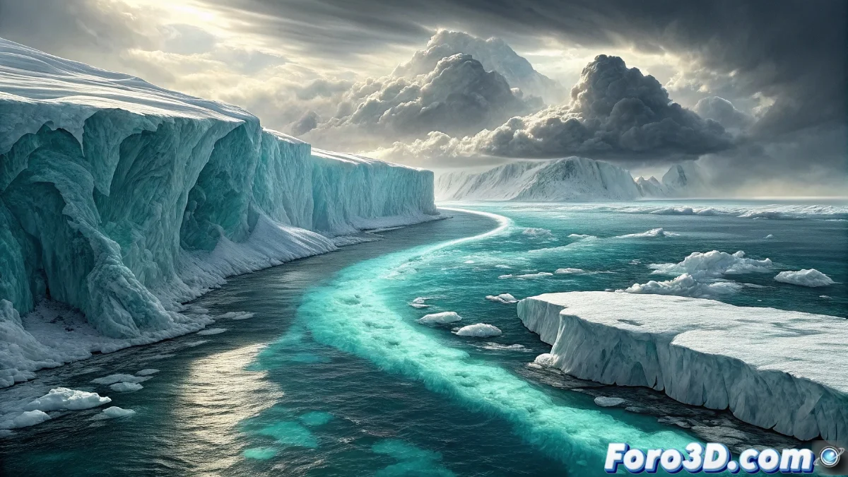 Mapa conceptual que muestra las corrientes oceánicas globales con énfasis en la circulación antártica y el flujo de agua dulce del deshielo interactuando con las aguas profundas.