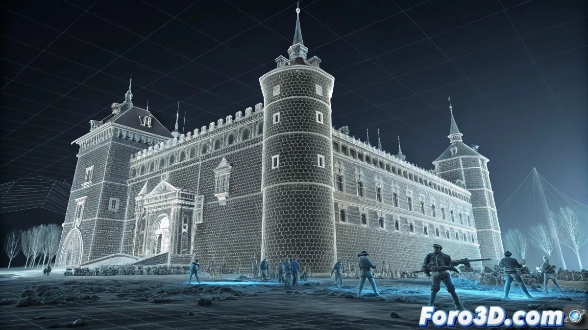 Render del Real Alcázar de Toledo en LightScape mostrando iluminación dramática, efectos de niebla y detalles arquitectónicos con materiales PBR de piedra desgastada.