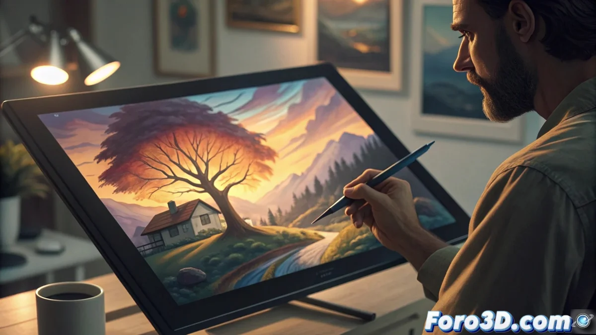 Artista trabajando en pintura digital con tableta Wacom Cintiq Pro 27 mostrando interfaz de software creativo y paleta de colores en pantalla.