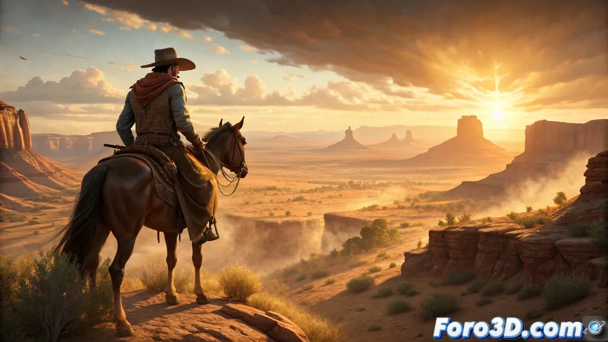 John Marston cabalgando al atardecer en paisajes remasterizados de Red Dead Redemption con texturas mejoradas y efectos de iluminación realistas