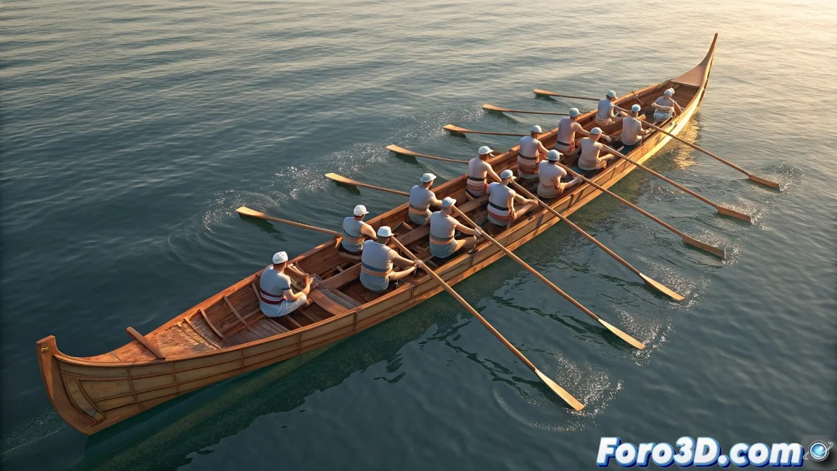 Trainera con remeros animados en 3ds Max mostrando el sistema de remos vinculados