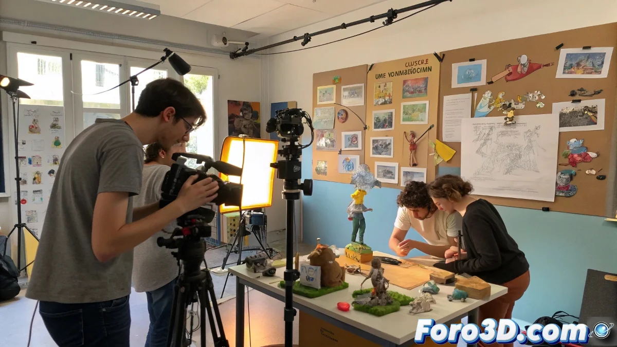 Grupo de animadores trabajando en una escena de stop-motion, manipulando personajes de arcilla bajo luces profesionales en un estudio equipado con múltiples cámaras.