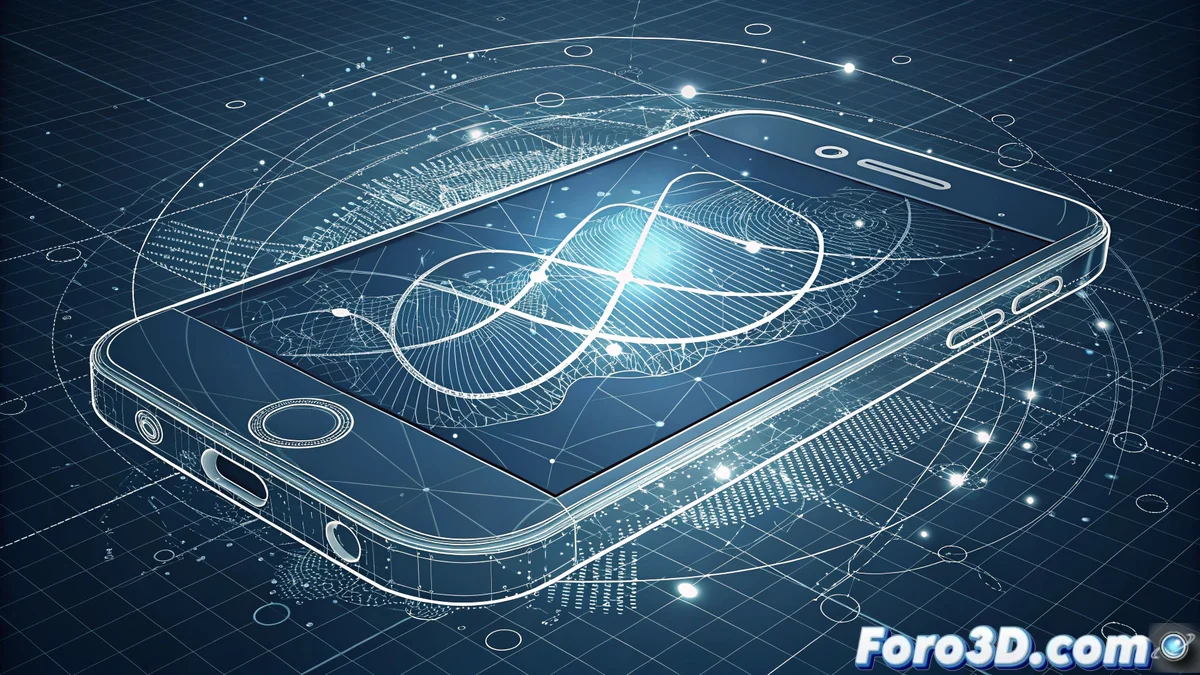 Representación en QCAD de un teléfono móvil con líneas autoreferenciales y efectos de distorsión temporal, mostrando ondas concéntricas y flechas curvas que simbolizan la paradoja de la llamada desde el futuro.