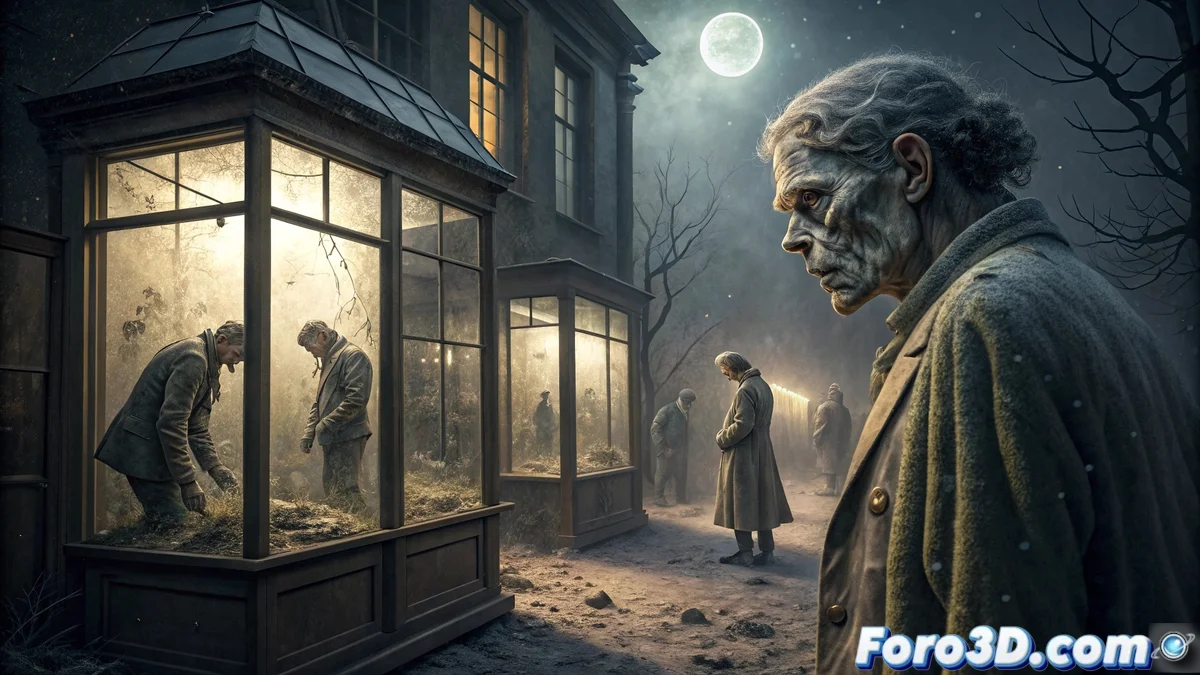 Composición visual que muestra muñecas de cera en un museo abandonado con iluminación tenue, donde una figura parece girar lentamente la cabeza mientras polvo flota en haces de luz que penetran por ventanas sucias