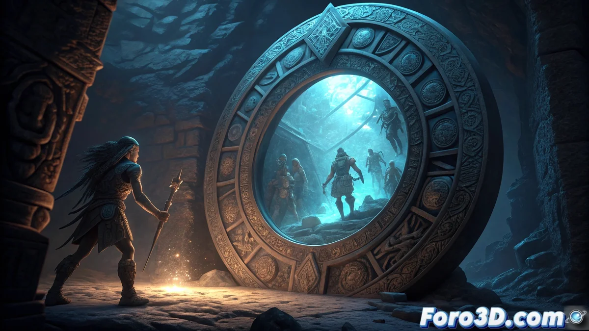 Espejo de obsidiana azteca animado en Pencil 2D mostrando reflejos distorsionados con efectos mágicos, rodeado de símbolos geométricos y partículas luminosas en entorno ritual oscuro