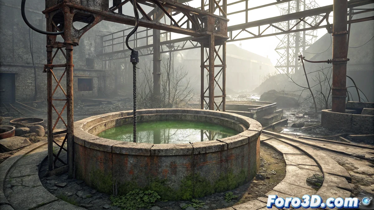 Representación en 2D de un pozo circular con aguas verdes ácidas, rodeado de estructuras metálicas oxidadas y tuberías rotas, mostrando patrones de corrosión y figuras humanas desvaneciéndose cerca del borde, bajo una iluminación tenue que simula profundidad y peligro.