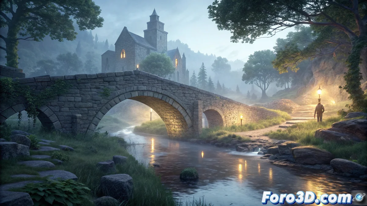 Ilustración digital del Puente de la Única Palabra mostrando su estructura de piedra medieval sobre un arroyo con efectos de luz tenue y superficie resbaladiza mágica, creado en Opentoonz.