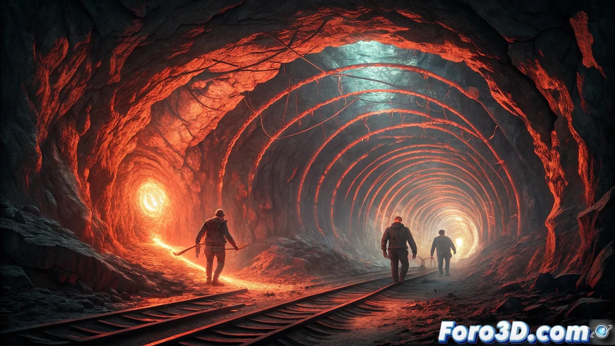 Animación estilo cartoon de galería minera subterránea con vetas metálicas brillantes, ondas sónicas concéntricas y criaturas mitológicas emergiendo de las paredes rocosas en ambiente oscuro iluminado por lámparas mineras.