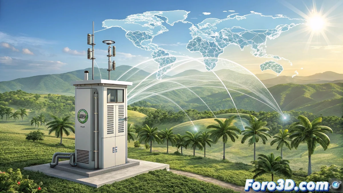 Estación meteorológica impresa en 3D instalada en campo abierto con sensores funcionando y paisaje caribeño de fondo.