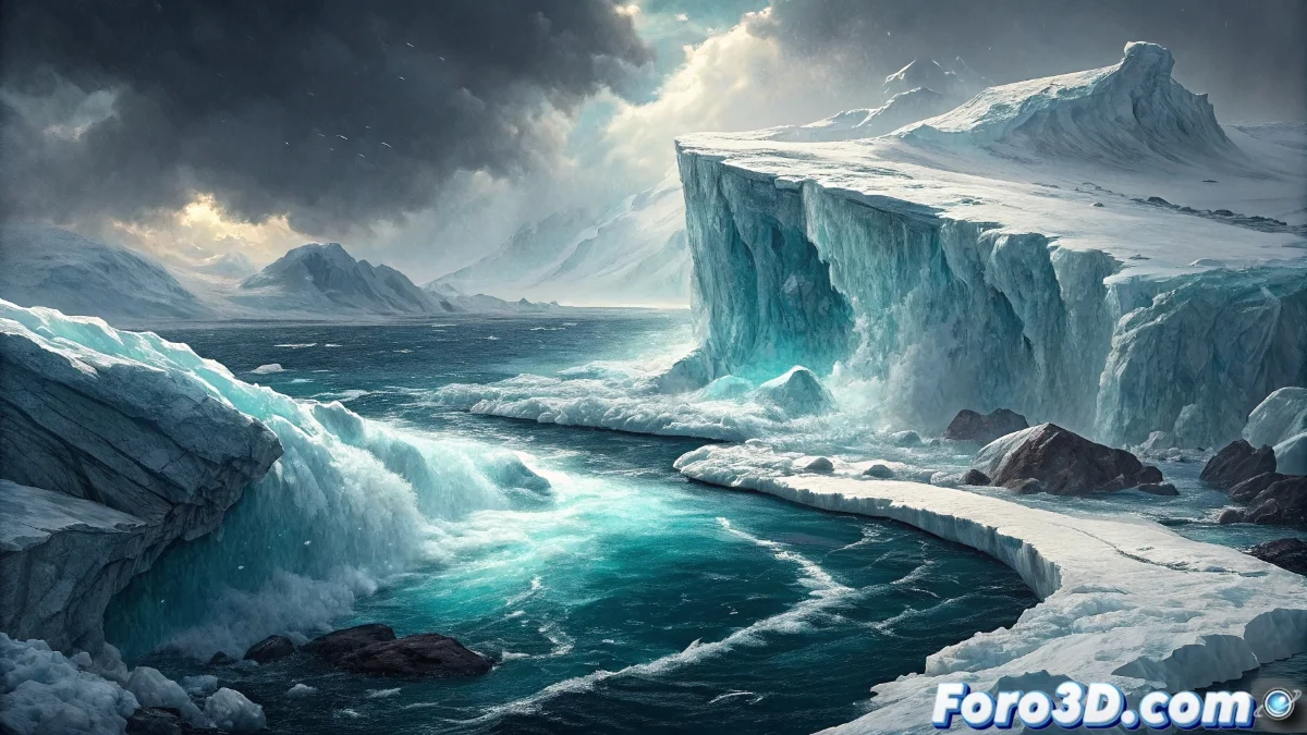 Glaciar antártico mostrando grietas profundas y desprendimientos masivos de hielo en aguas oceánicas con témpanos flotantes al fondo