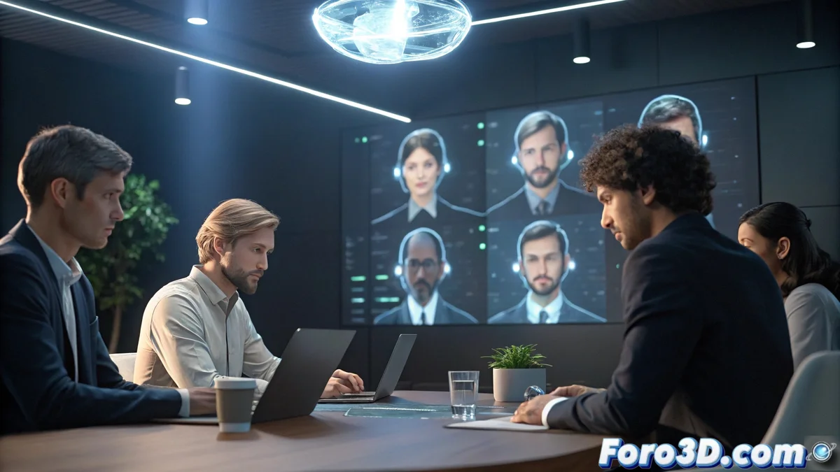 Equipo de desarrolladores de Blender analizando gráficos y códigos en pantallas durante reunión de planificación técnica